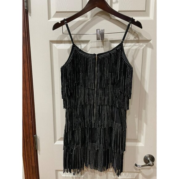 Black Studded Fringe Mini Dress With Adjustable Spaghetti Straps & Back Zipper C - Picture 8 of 8